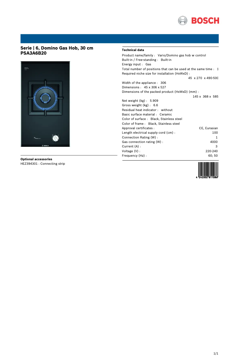 Página 1 del manual Ficha técnica Bosch PSA3A6B20