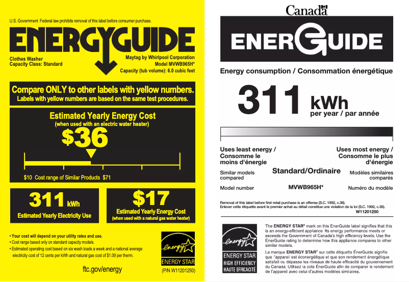 Page 1 de la notice Label énergétique Maytag MVWB965HW