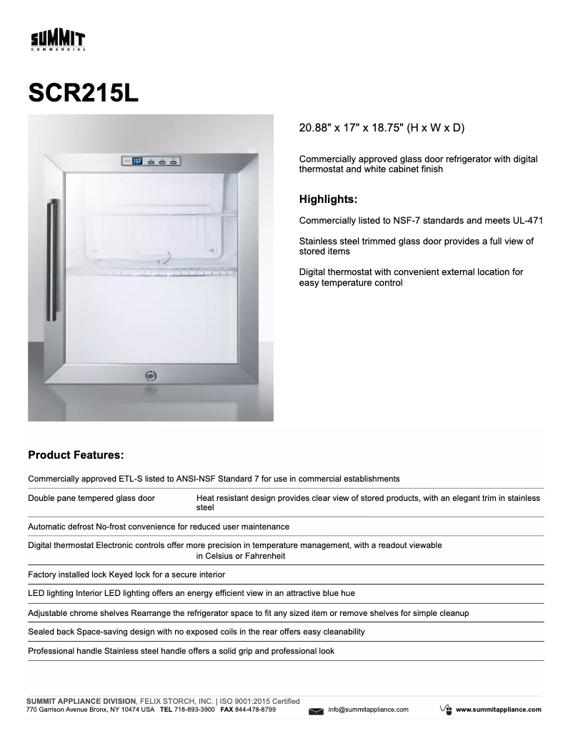 Page 1 de la notice Fiche technique Summit SCR215L