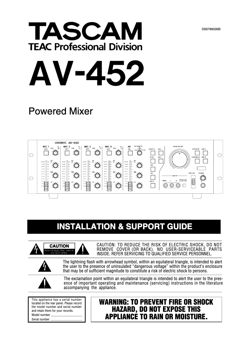 Page 1 of the manual Installation Guide Tascam AV-452