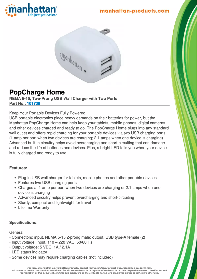 Page 1 de la notice Manuel utilisateur Manhattan PopCharge 101738