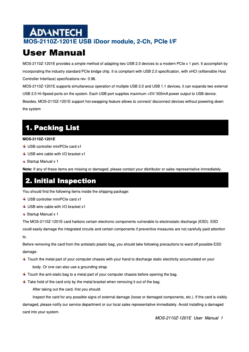 Page 1 de la notice Manuel utilisateur Advantech MOS-2110Z-1201E