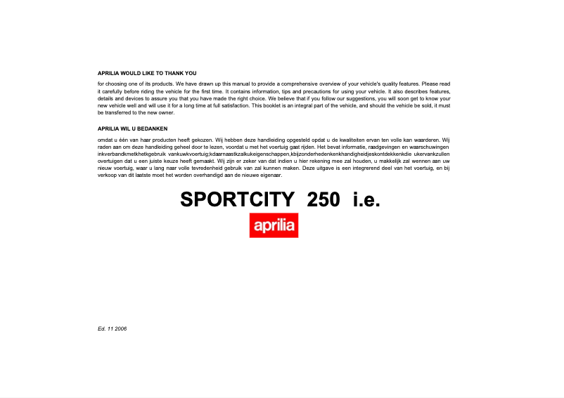 Page 1 de la notice Manuel utilisateur Aprilia Sportcity 250 i.e. (2006)