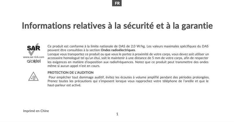 Page 1 de la notice Instructions de sécurité Alcatel 1SE
