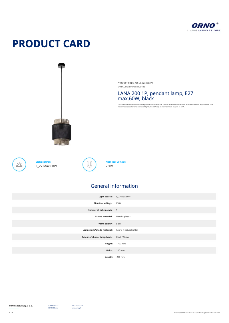 Page 1 de la notice Fiche technique Adviti AD-LD-6238BE27T