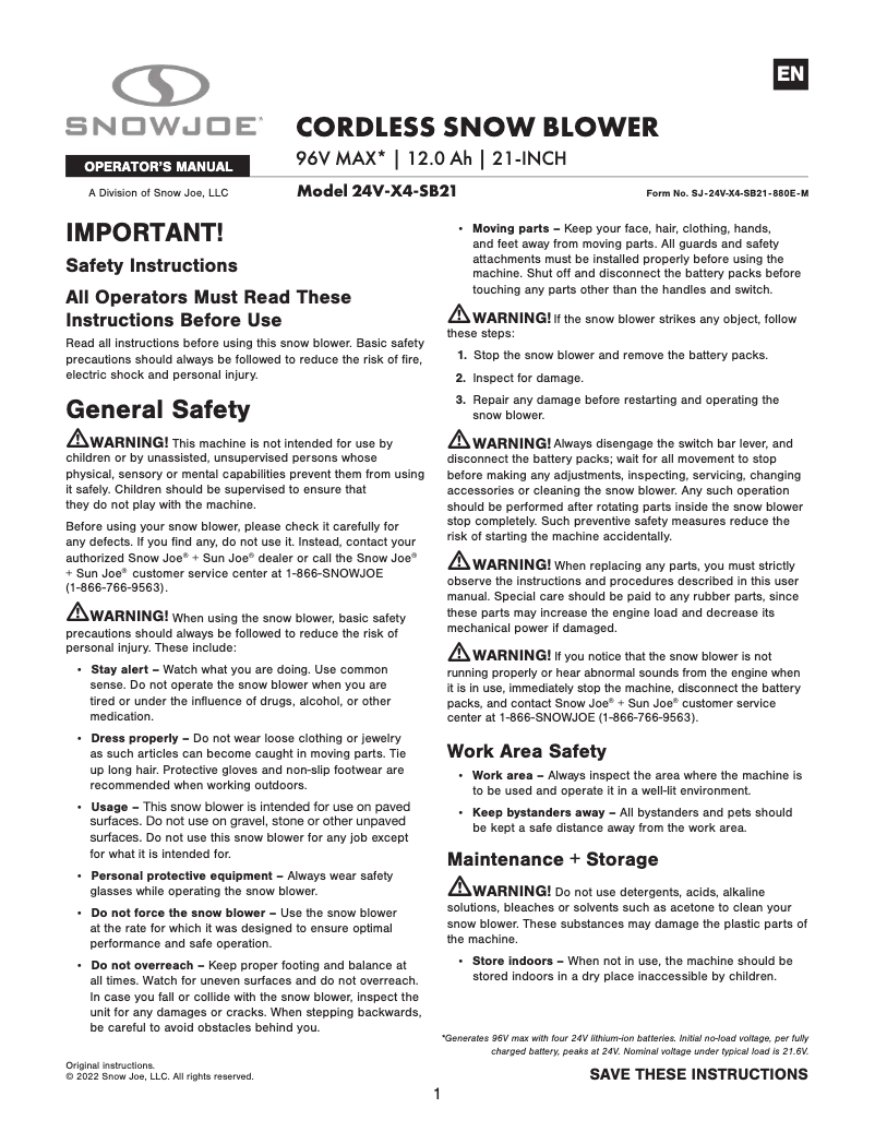 Page 1 de la notice Manuel utilisateur Snow Joe 24V-X4-SB21