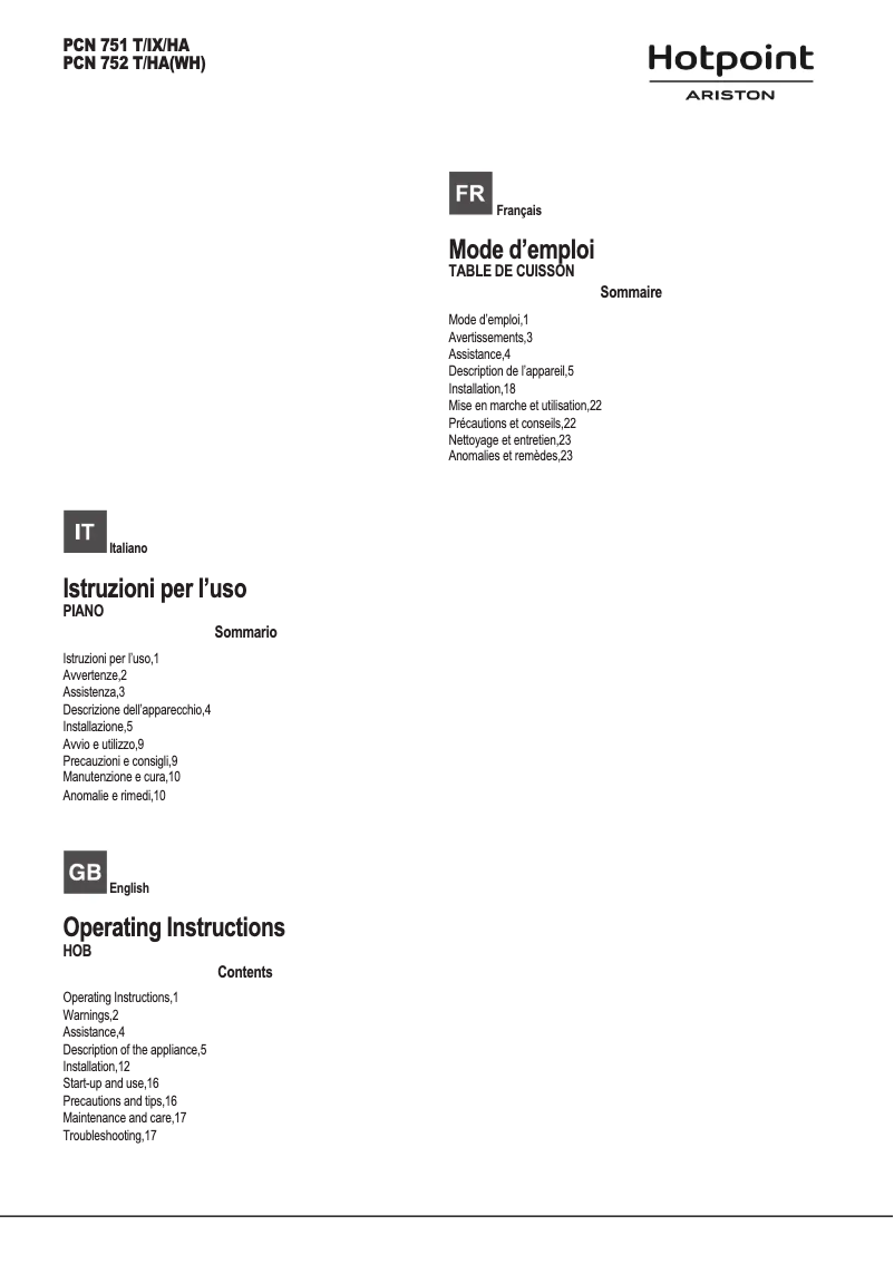 Página 1 del manual Manual de usuario Hotpoint Ariston PCN 751 T/IX/HA
