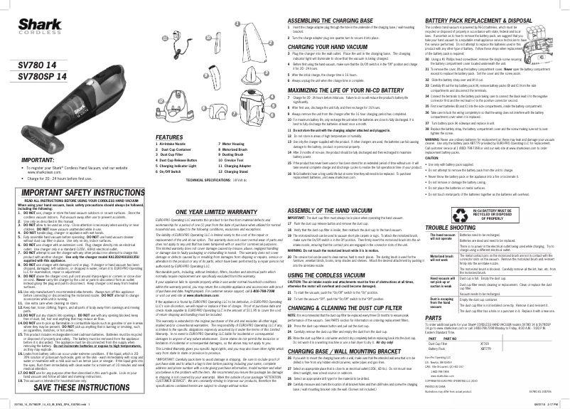 Page 1 de la notice Manuel utilisateur Shark Pet Perfect SV780