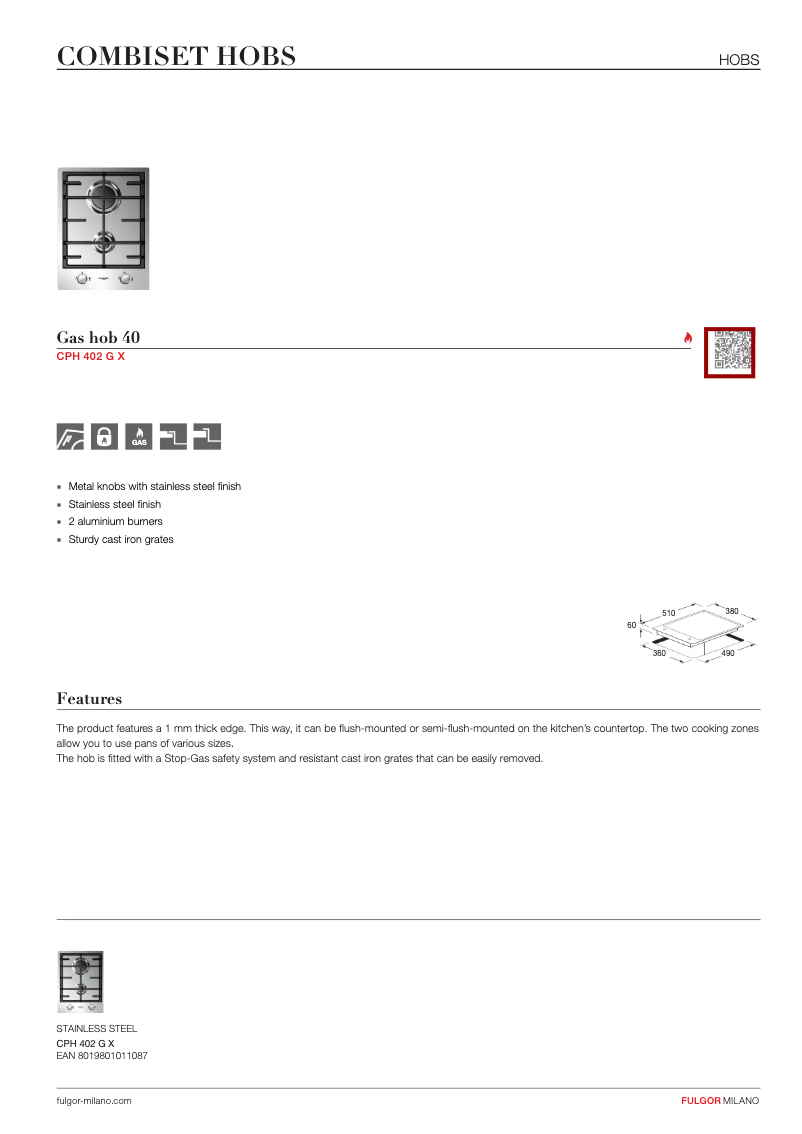 Page 1 de la notice Fiche technique Fulgor Milano CPH 402 G X