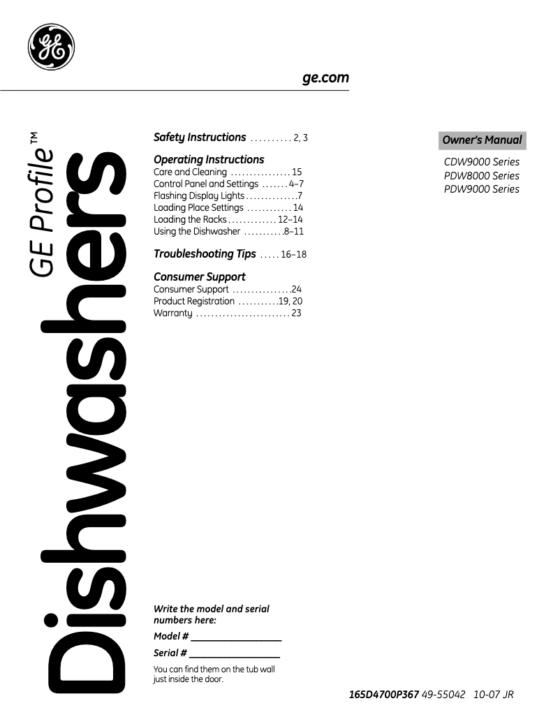 Page n°1 - Manuel d'utilisation et d'entretien GE Profile PDW9880NSS