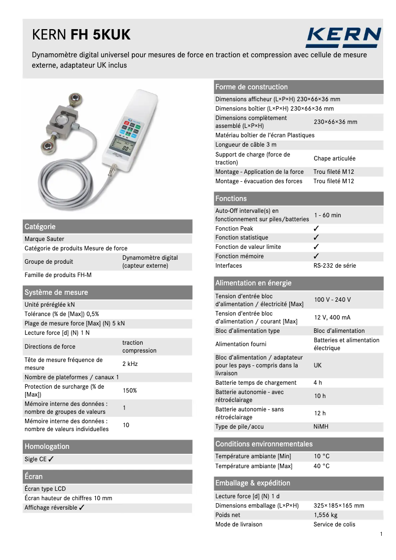 Page n°1 - Fiche technique Kern FH 5KUK
