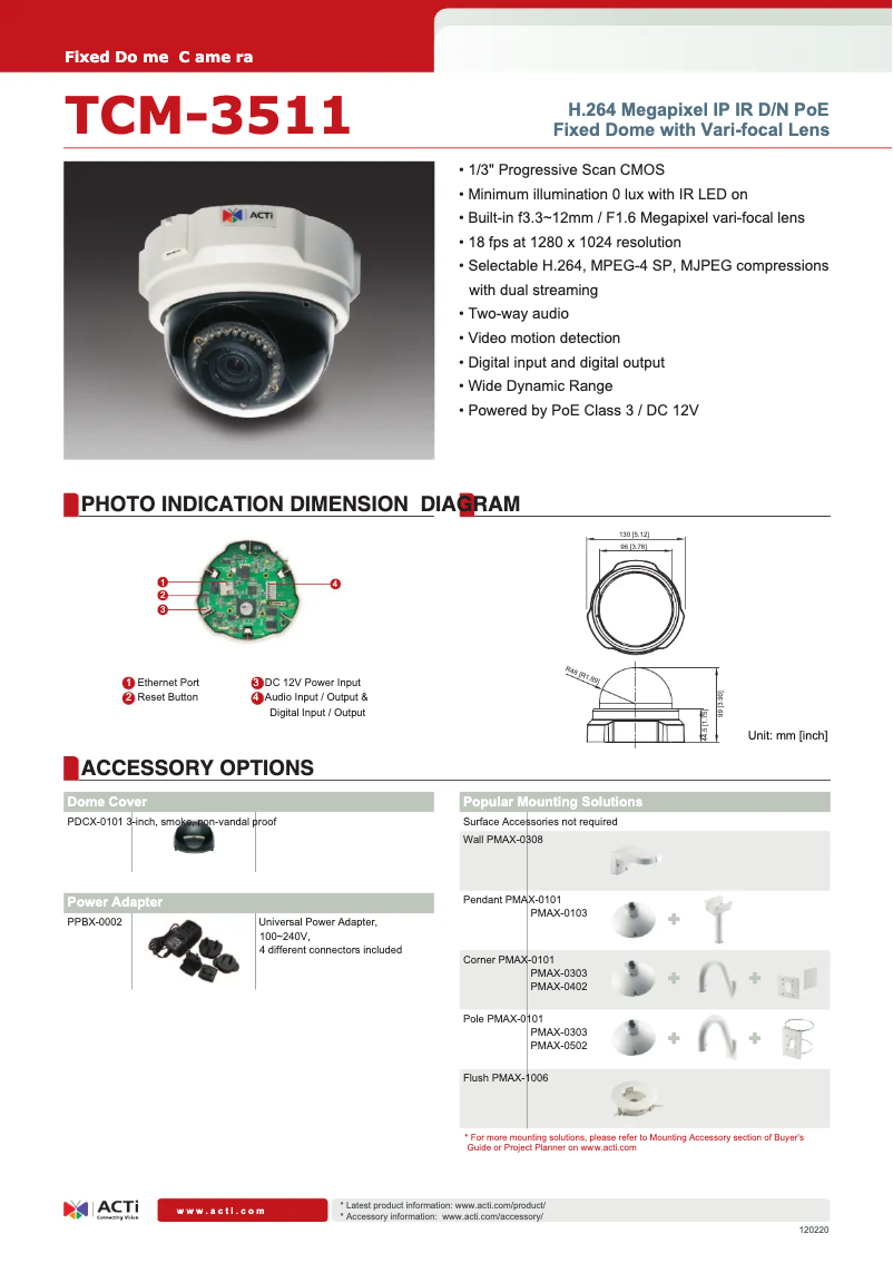 Page 1 de la notice Fiche technique ACTi TCM-3511
