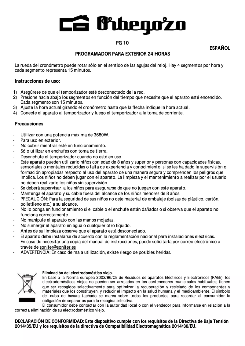 Page n°1 - Manuel utilisateur Orbegozo PG 10