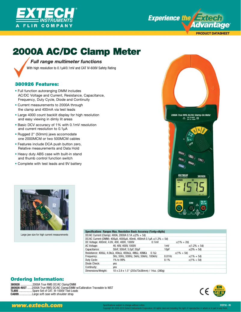 Page 1 de la notice Fiche technique Extech 380926