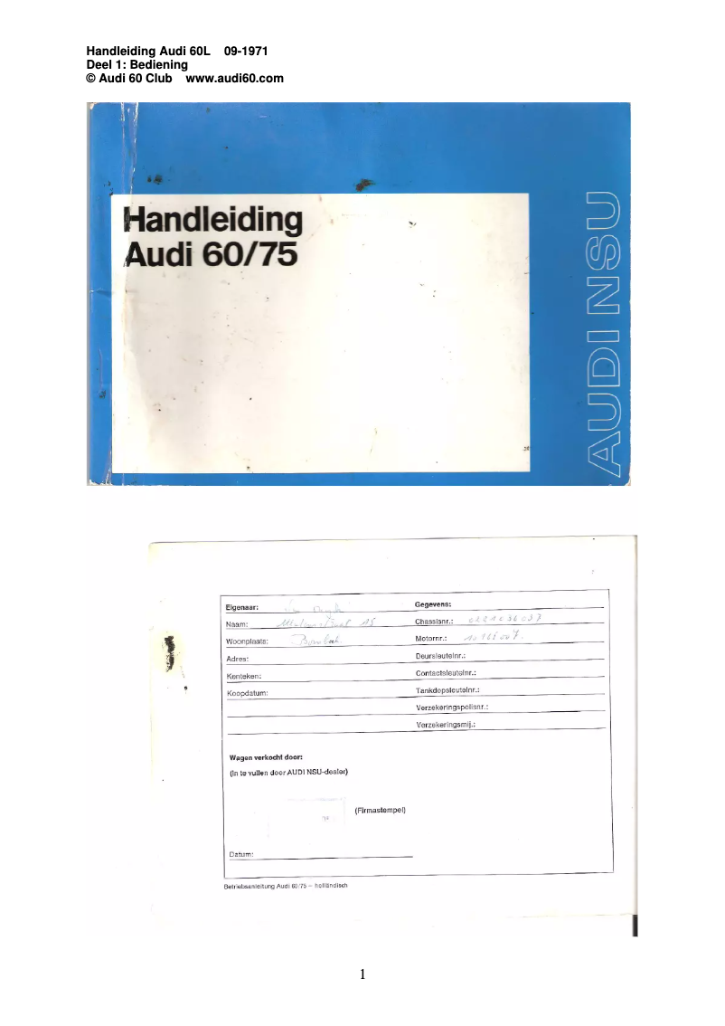 Page 1 de la notice Manuel utilisateur Audi 60 (1971)