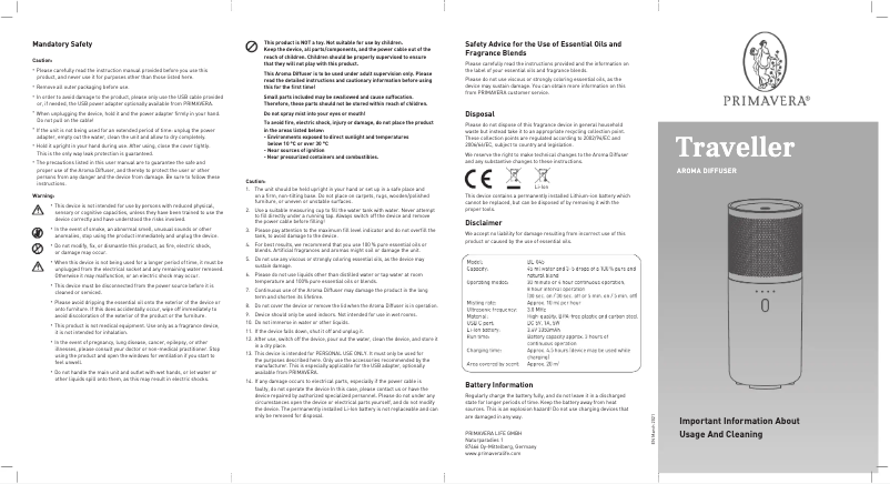 Page n°1 - Manuel utilisateur PRIMAVERA Traveller