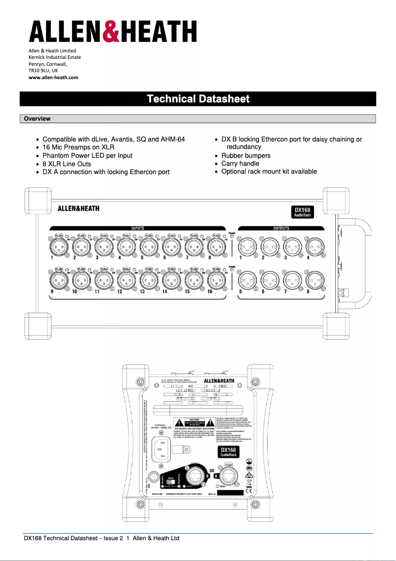 Page 1 de la notice Fiche technique Allen & Heath DX168
