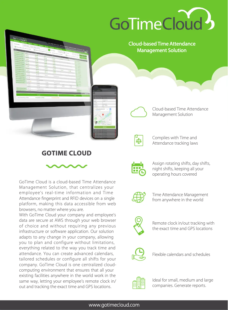 Page 1 de la notice Fiche technique ZKTeco GoTime Cloud