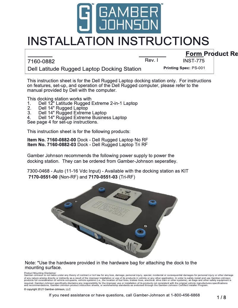 Page 1 de la notice Manuel utilisateur Gamber-Johnson 7170-0551-03