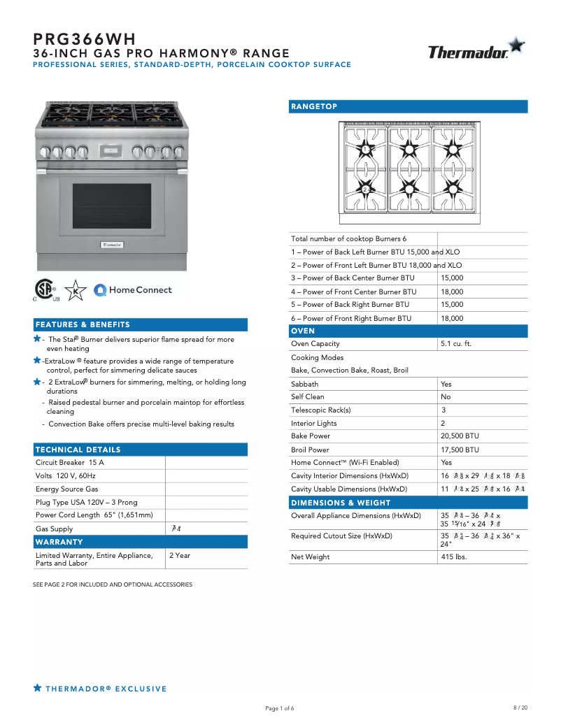 Page 1 de la notice Fiche technique Thermador PRG366WH