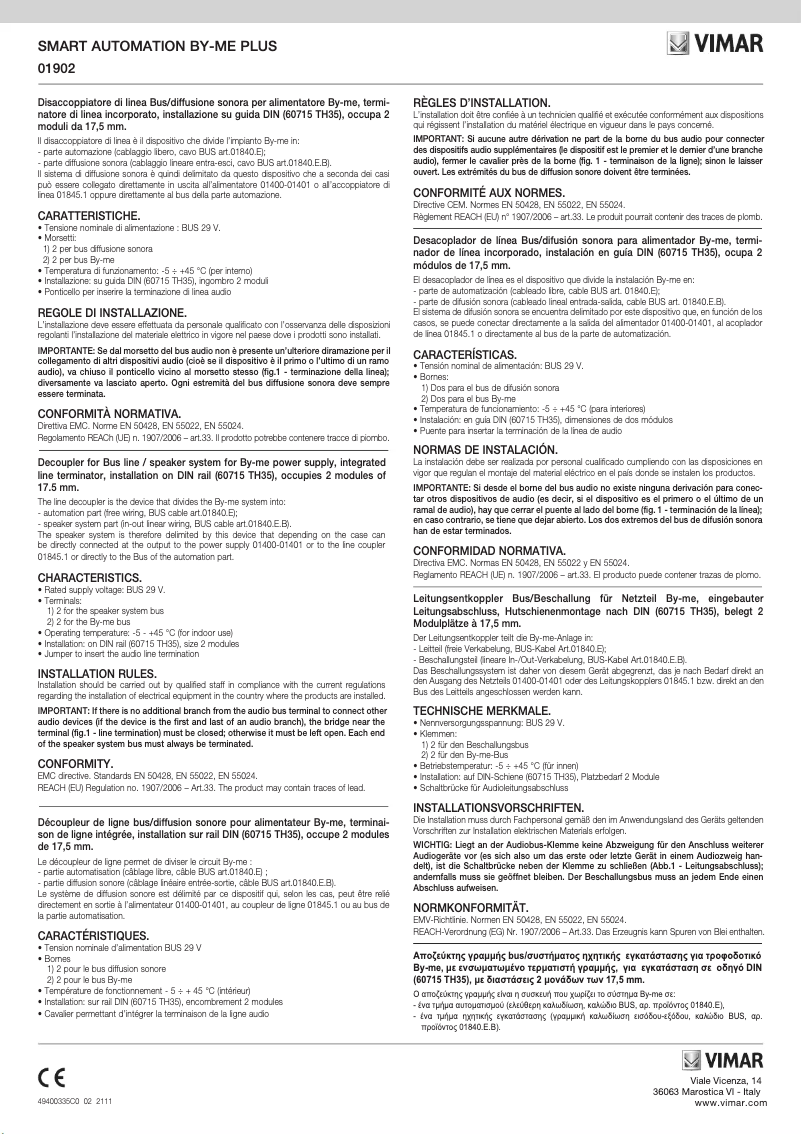 Page 1 de la notice Manuel utilisateur Vimar 01902