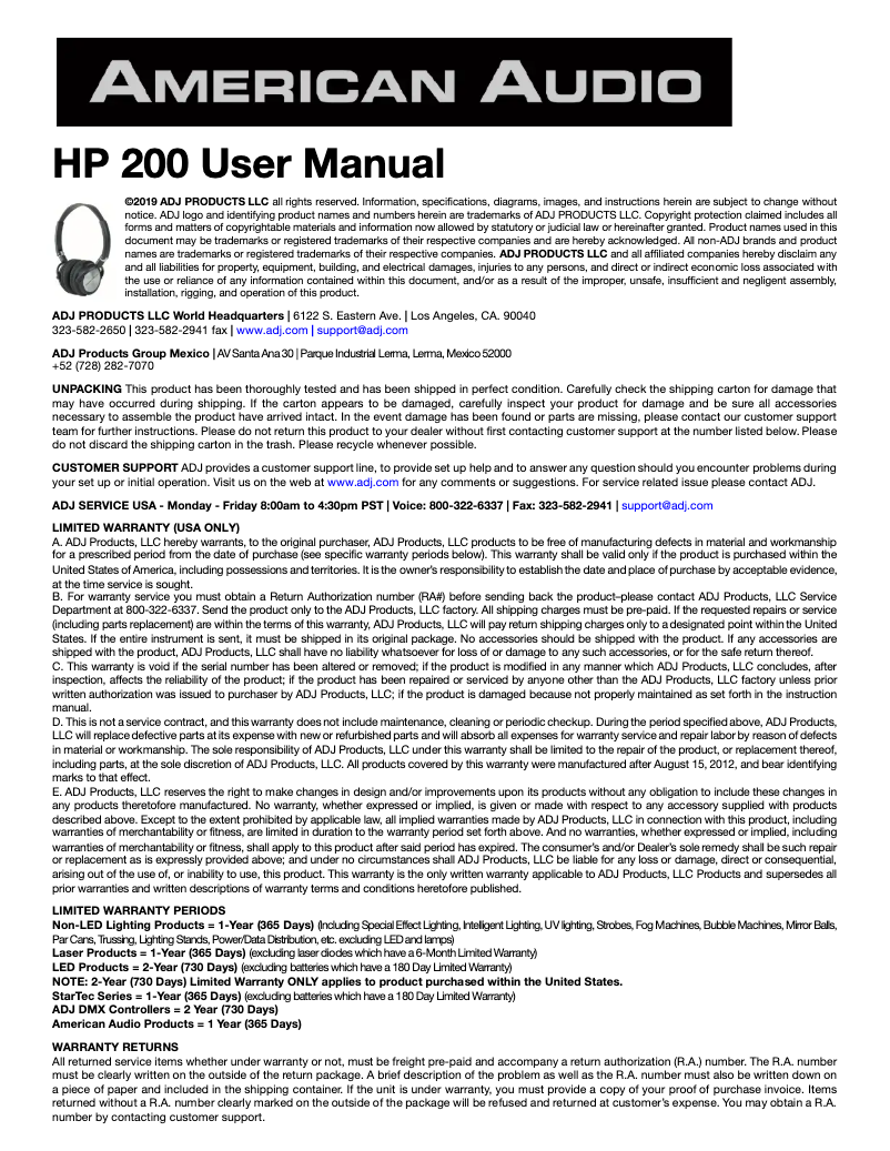 Page 1 de la notice Manuel utilisateur American Audio HP 200