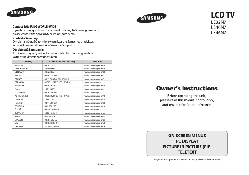 Page 1 de la notice Manuel utilisateur Samsung LE40N73BD