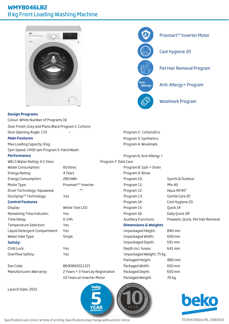 Page 1 de la notice Fiche technique Beko WMY8046LB2