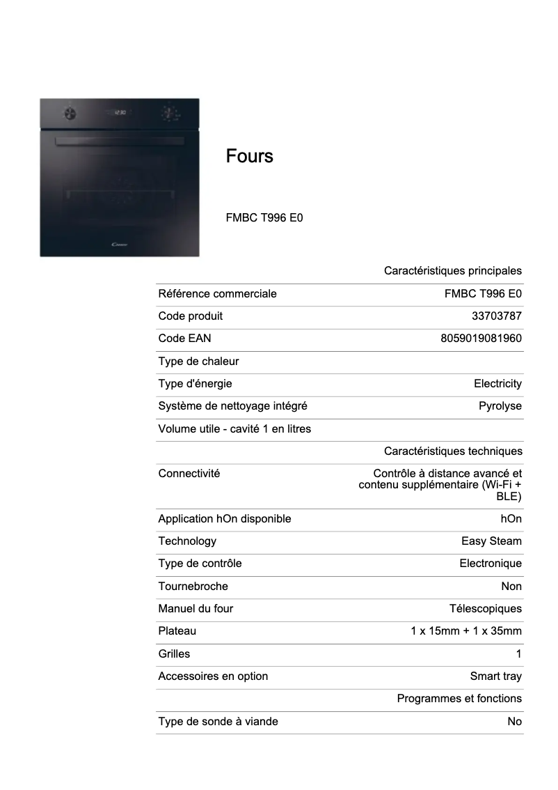 Page 1 de la notice Fiche technique Candy FMBC T996 E0