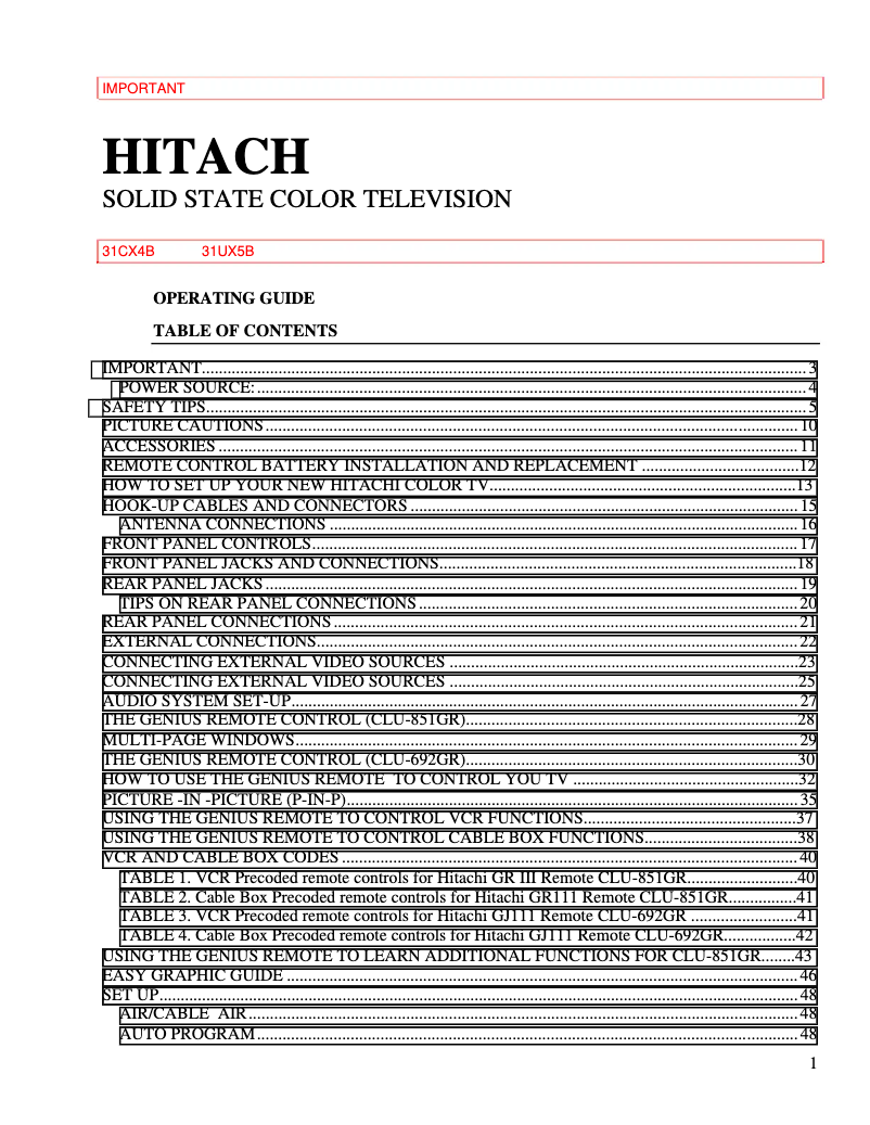Page 1 de la notice Manuel utilisateur Hitachi 31CX4B