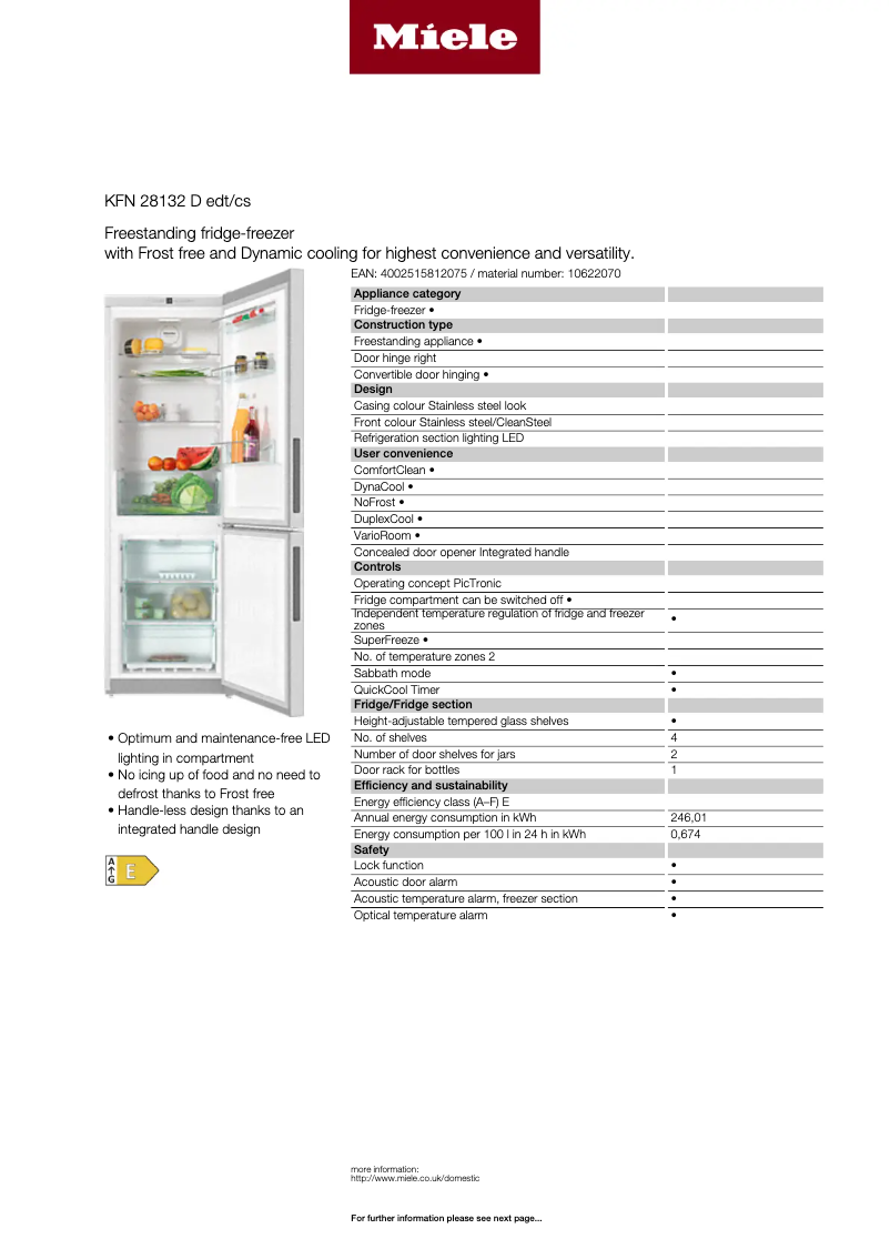 Page 1 de la notice Fiche technique Miele KFN 28132 D edt/cs