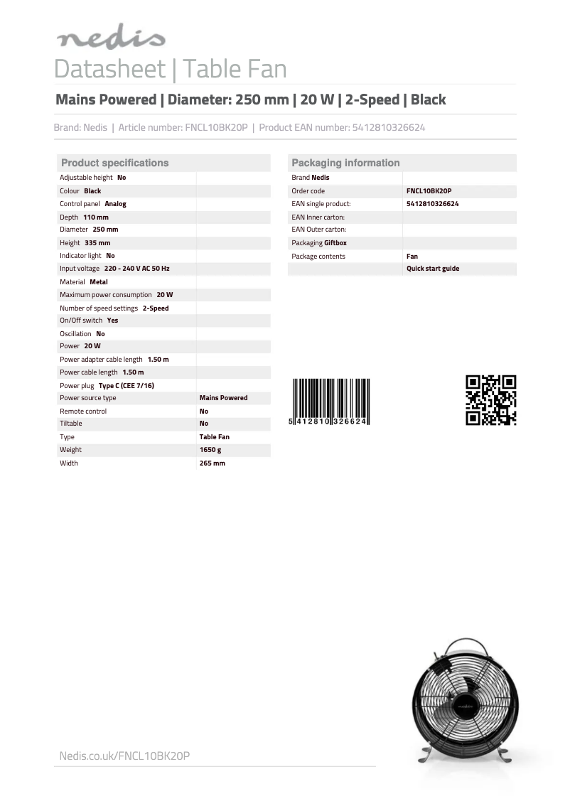 Page 1 de la notice Manuel utilisateur Nedis FNCL10BK20P