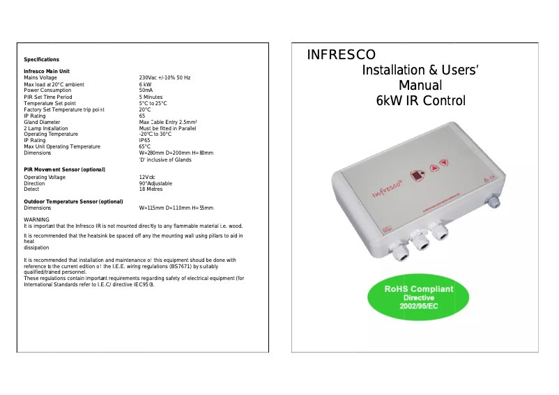 Page 1 de la notice Manuel utilisateur Infresco 6kW IR Control