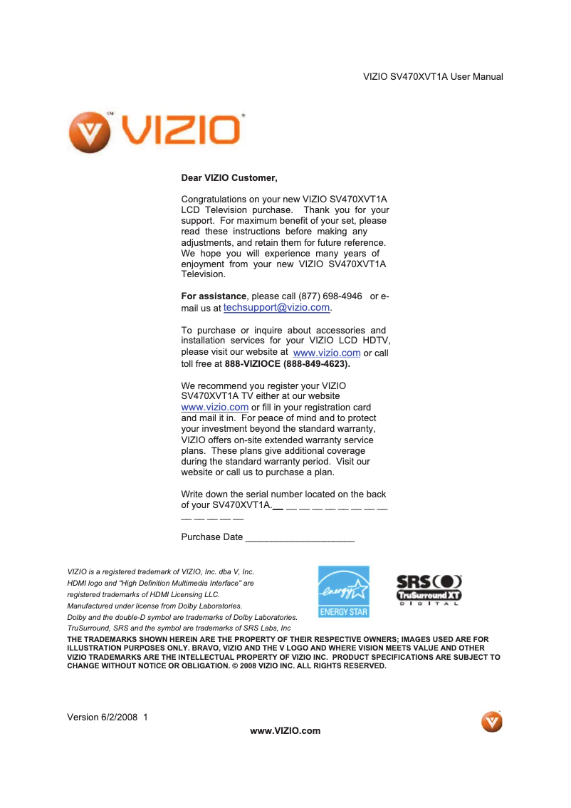 Page 1 de la notice Manuel utilisateur VIZIO SV470XVT