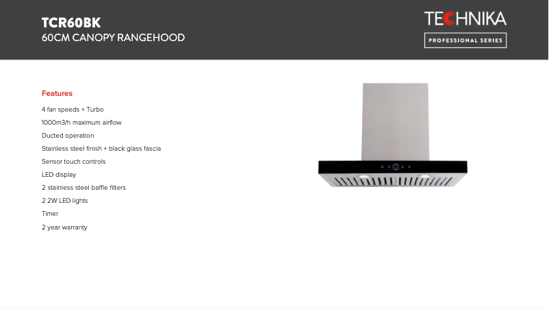 Page 1 de la notice Fiche technique Technika TCR60BK
