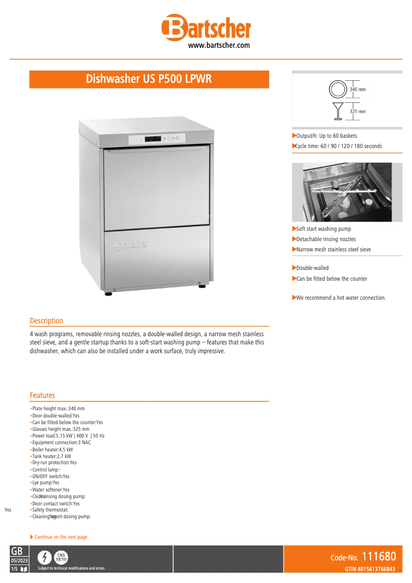 Page 1 de la notice Fiche technique Bartscher Electron 500 DA