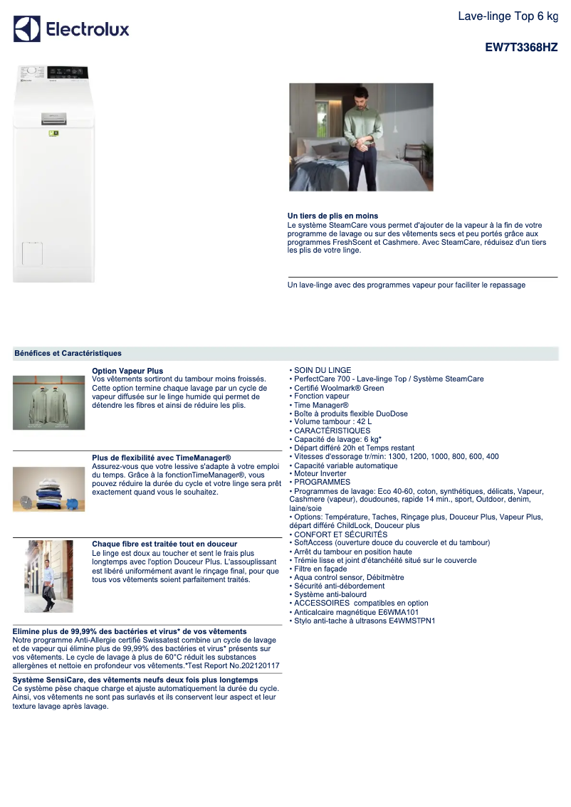 Page n°1 - Fiche technique Electrolux EW7T3368HZ