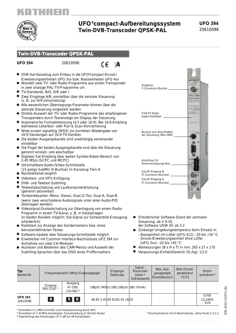 Page 1 of the manual User Manual Kathrein UFO 394