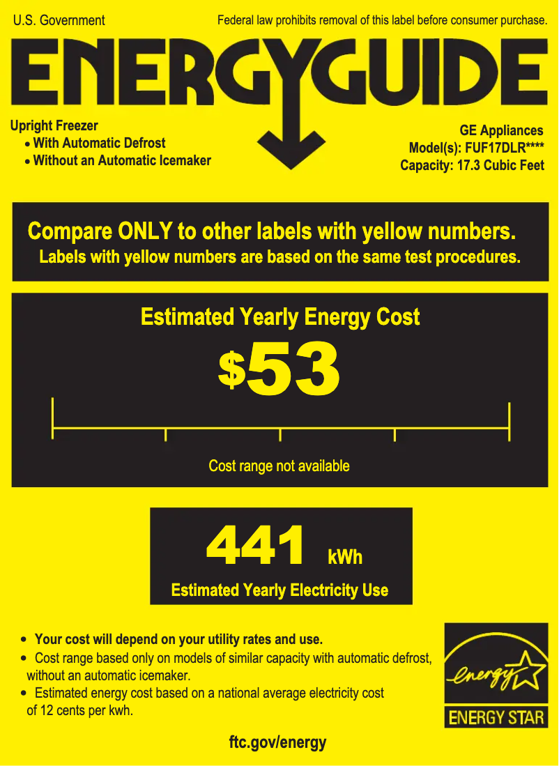 Page 1 de la notice Label énergétique GE FUF17DLRWW