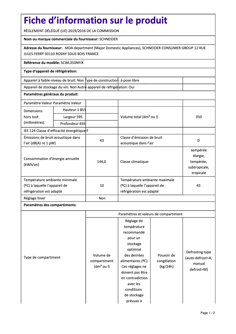 Page n°1 - Fiche technique Schneider SCWL350NFIX