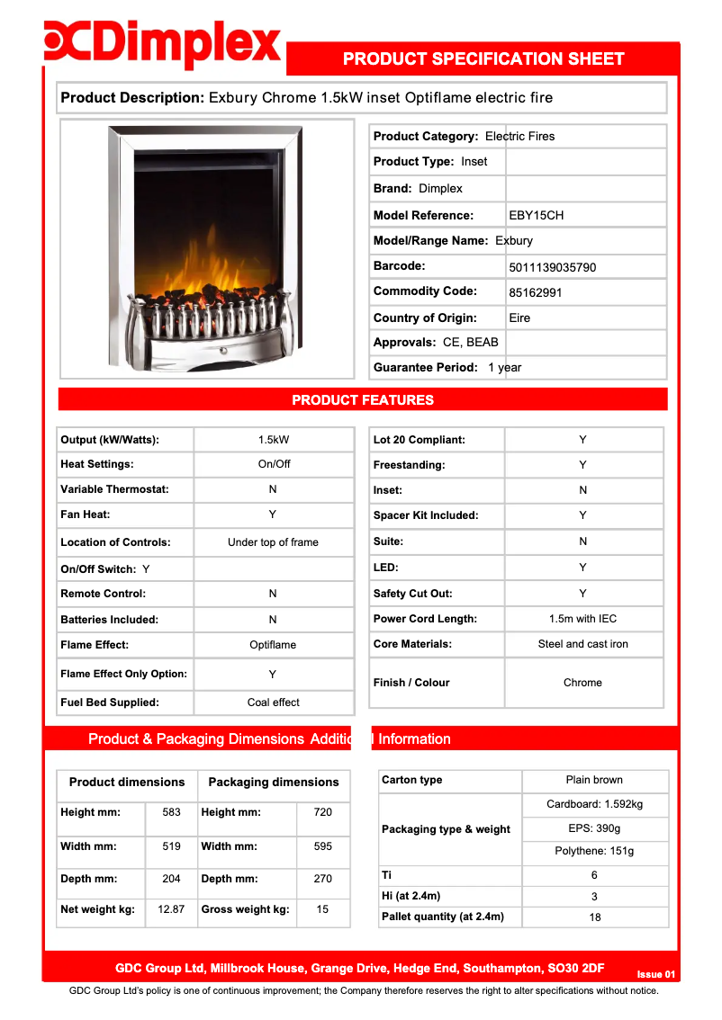 Page 1 de la notice Fiche technique Dimplex EBY15CH