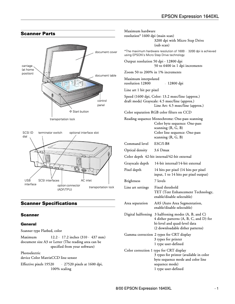 Página 1 del manual Ficha técnica Epson Expression 1640XL