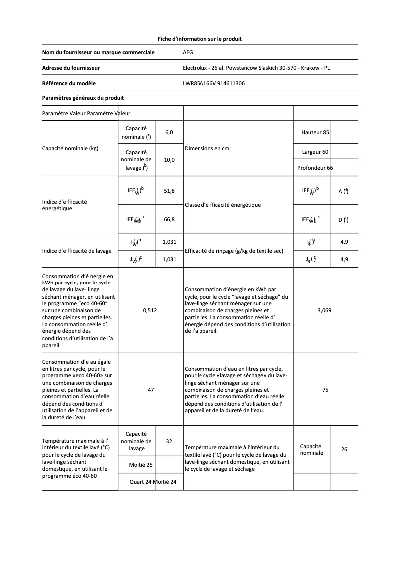Page n°1 - Fiche technique AEG LWR85A166V