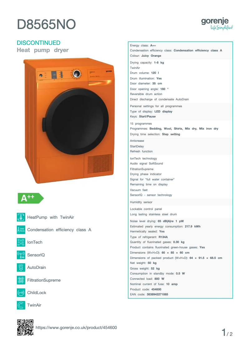 Page 1 de la notice Fiche technique Gorenje D8565NO