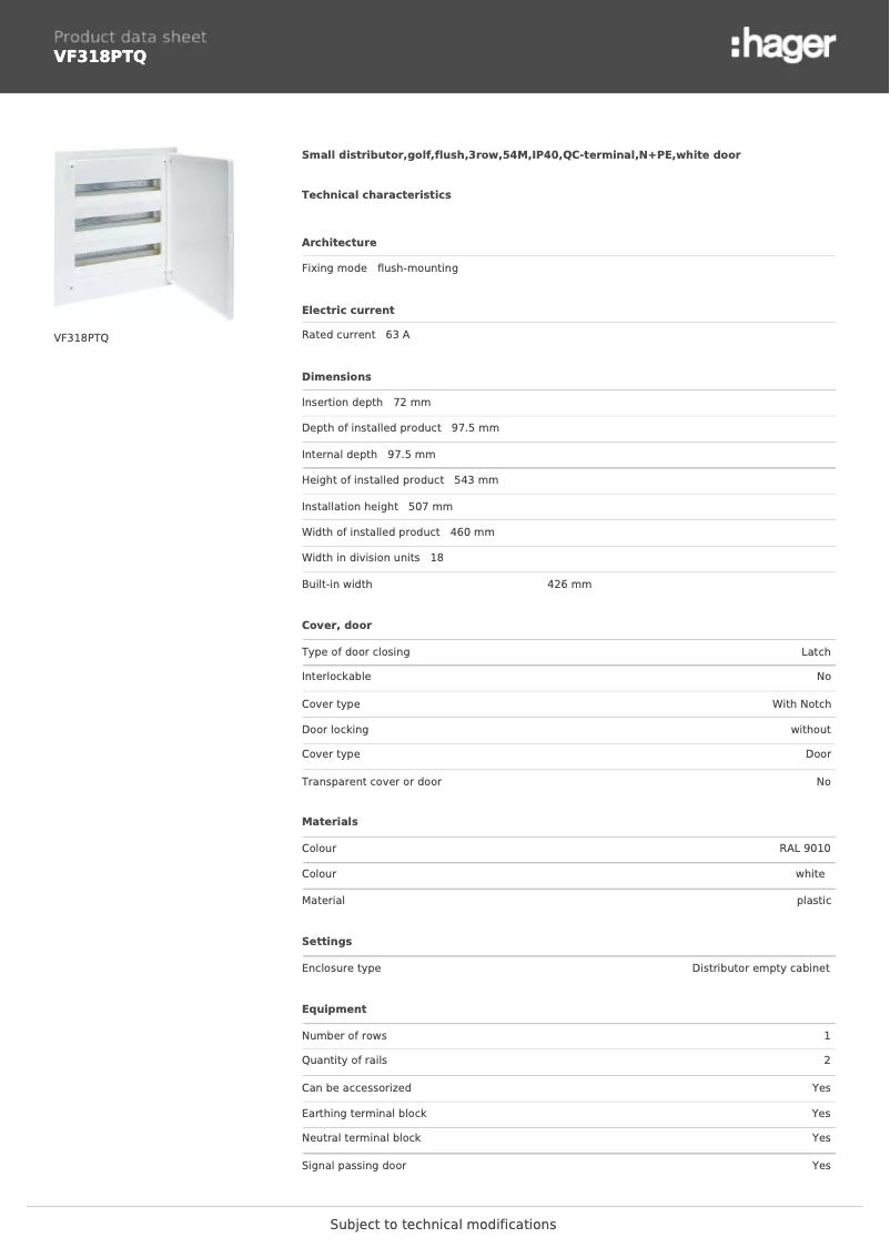 Page n°1 - Fiche technique Hager VF318PTQ