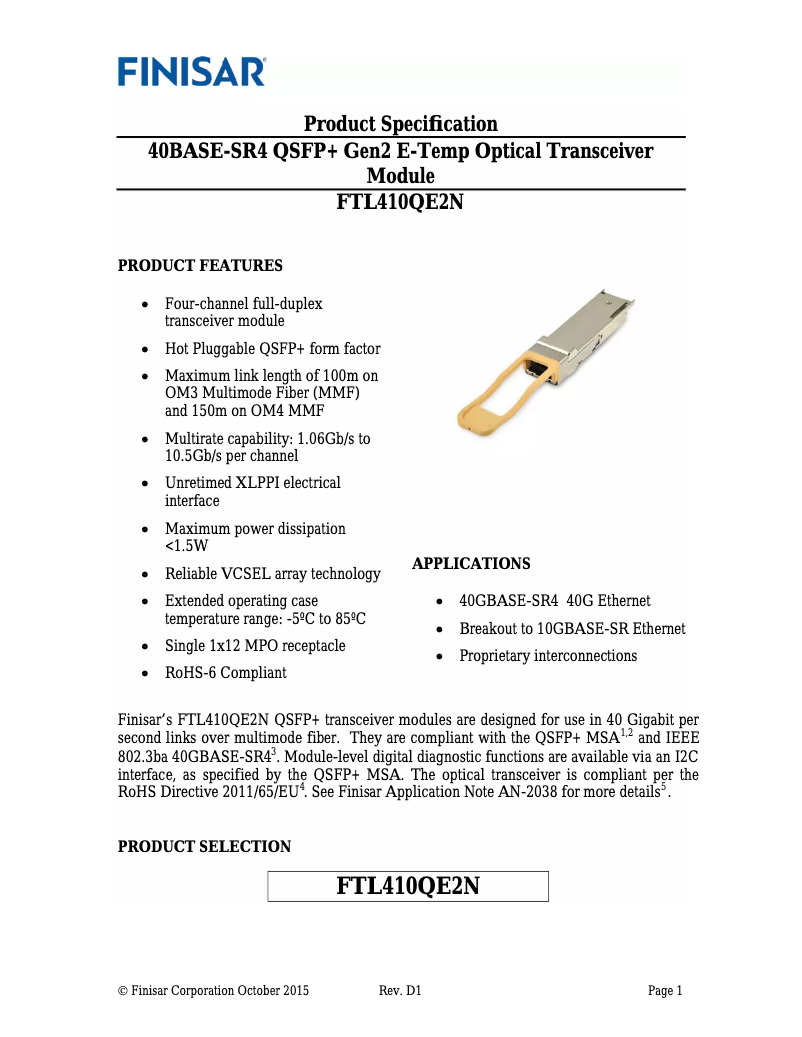 Page n°1 - Manuel utilisateur Finisar FTL410QE2N