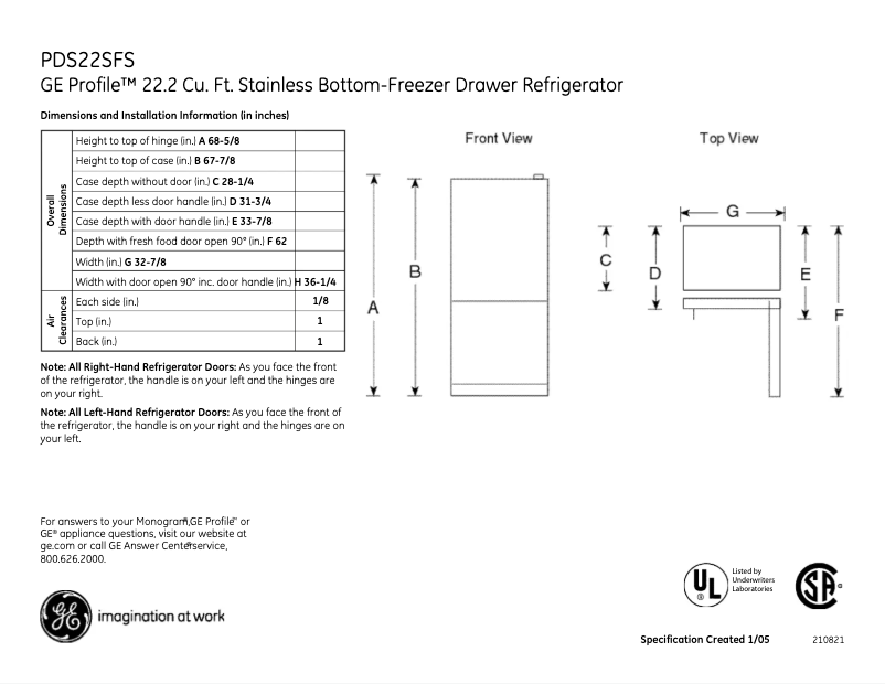 Page 1 of the manual Technical Sheet GE Profile PDS22SFSLSS