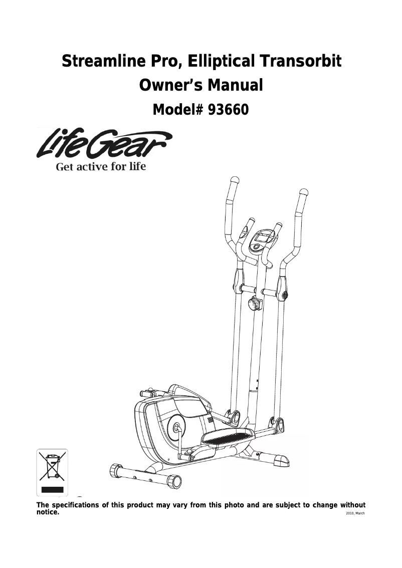 Page 1 de la notice Manuel utilisateur Life Gear Streamline Pro Elliptical Transorbit 93660