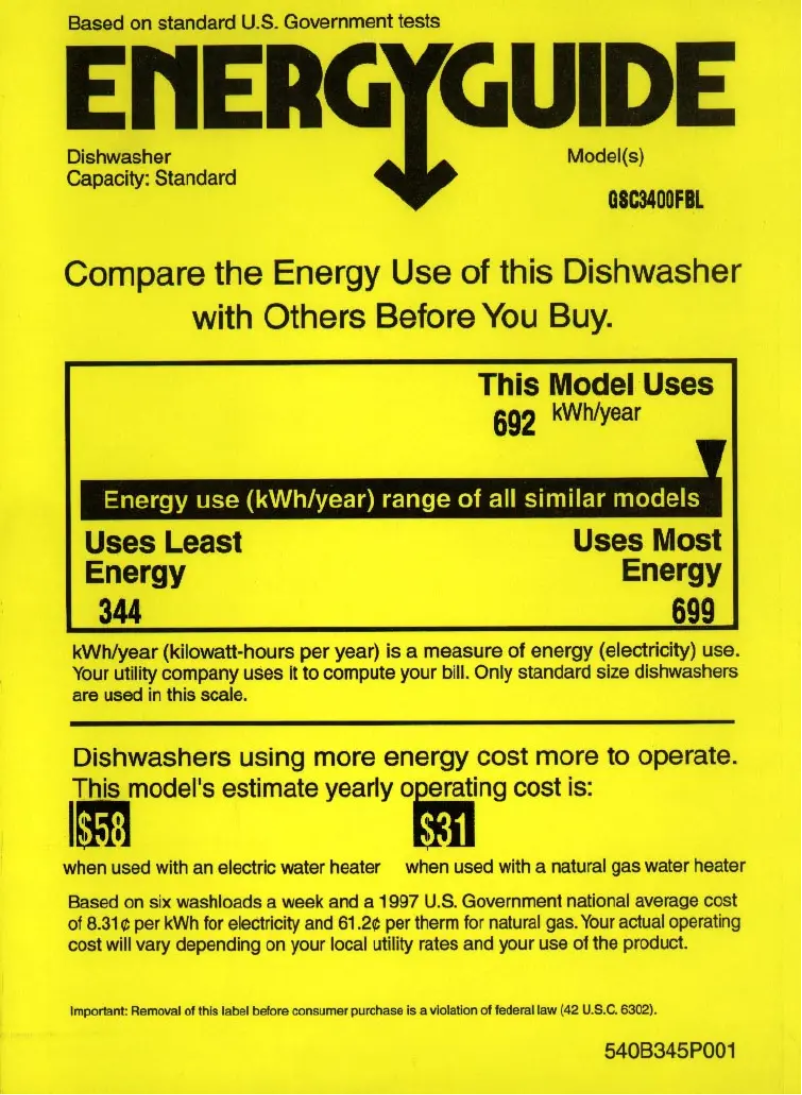 Page 1 de la notice Label énergétique GE GSC3400FBL