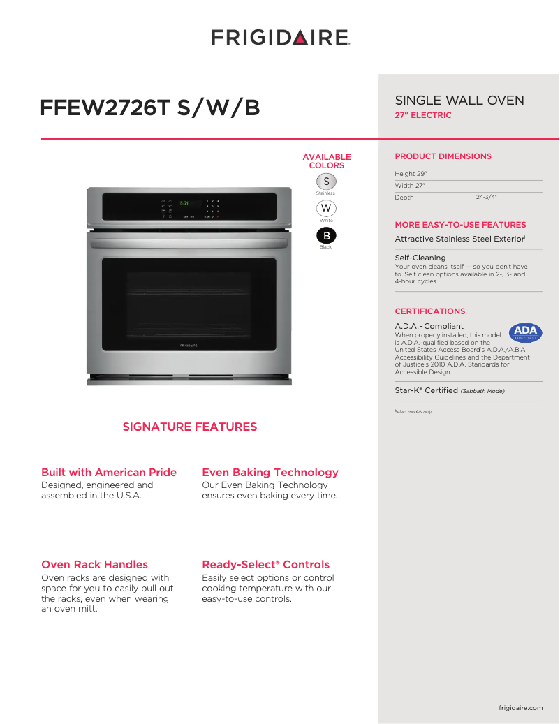 Página 1 del manual Ficha técnica Frigidaire FFEW2726TW